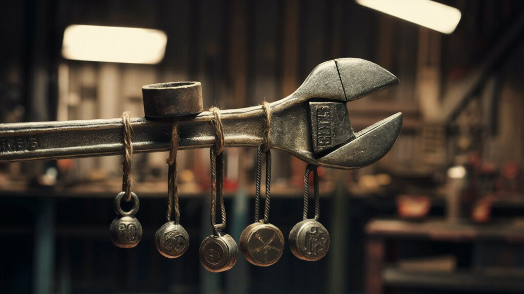 Hang the weights from the handle of the wrench. 